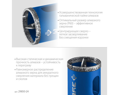 Коронка алмазная АГК, d 24 мм, центр. сверло, трехгранный хвост, Р60 ЗУБР Профессионал 29850-24