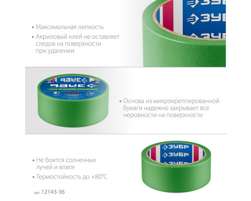 Лента малярная №300, 36 мм x 25 м, для грубых и шероховатых поверхностей ЗУБР Профессионал 12143-36