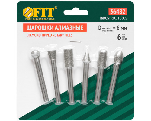 Шарошки усиленная сталь с алмазным напылением, штифт диам. 6 мм, 6 шт. (36482)