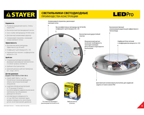 STAYER PROLight, 12(100 Вт), влагозащищенный светодиодный светильник (57364-100-W)