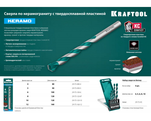 Сверло по керамограниту Keramo, 12 х 160 мм, тв.сплав КС KRAFTOOL 29175-160-12