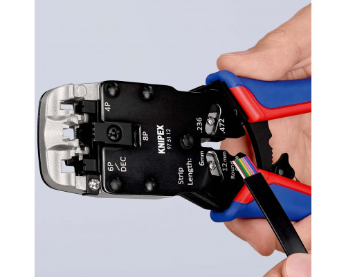 Пресс-клещи для штекеров RJ, 3 гнезда, RJ 10 (4-pin), RJ 11/12 (6-pin), RJ 45 (8-pin), 200 мм (KN-975112)