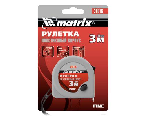 Рулетка Fine,3 м х 16 мм,пластиковый корпус Matrix