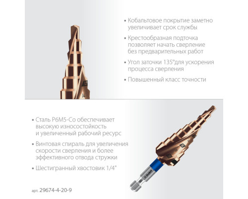 Сверло ступенчатое 4-20 мм, 9 ступеней, винтовая проточка КОБАЛЬТ ЗУБР Профессионал 29674-4-20-9