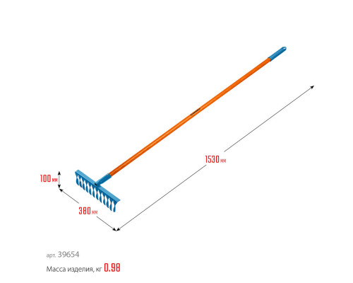 Садовые грабли PR-12T FIBER, 380 х 100 х 1530 мм, 12 витых зубцов, углеродистая сталь, фибергласовый черенок, PROLine GRINDA 39654