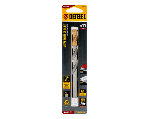 Сверло спиральное по металлу 11 x 142 мм, Р6М5, Golden Tip Denzel (718243)