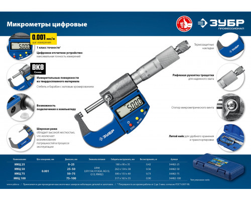 ЗУБР МКЦ 100, 75 - 100 мм, гладкий цифровой микрометр (34482-100)