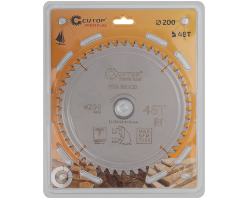 Диск пильный по дереву с тефлоновым покрытием 48Т, CUTOP Profi plus, 200 х 1,5/2,2 х 32/30/25,4/20 мм (75-20048Т)