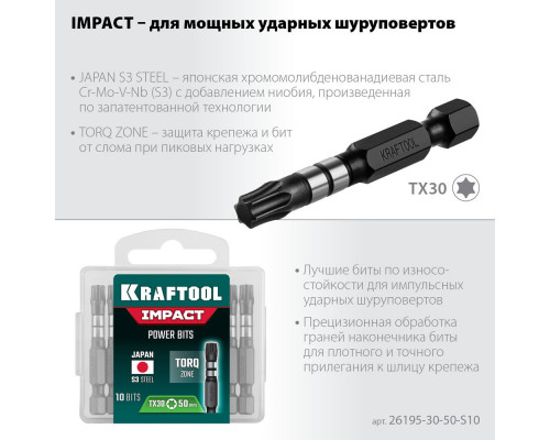 Ударные биты Impact TX30, 50 мм, 10 шт KRAFTOOL 26195-30-50-S10