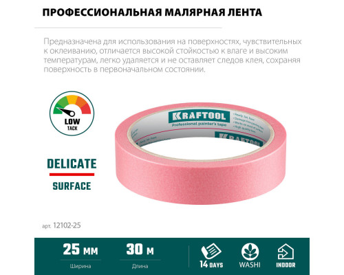 Малярная лента #200 Delicate, 25 мм х 30 м, для деликатных и недавно окрашенных поверхностей KRAFTOOL 12102-25