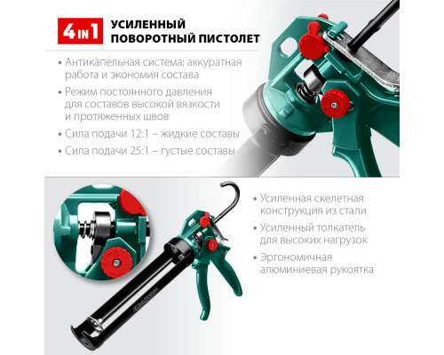 Пистолет для герметика EXPERT 4-in-1, 310 мл, антикапельная система, регулировка силы давления, усиленный скелетный поворотный KRAFTOOL 06675