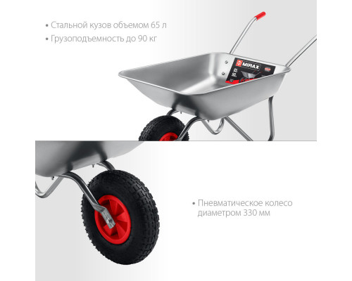 Садовая тачка MX-1, 65 л, 90 кг, одноколесная, оцинкованная сталь MIRAX 39900