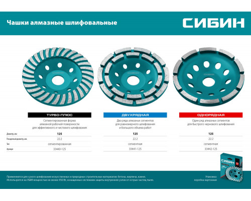 Двухрядная алмазная шлифовальная чашка d 125 мм СИБИН 33441-125