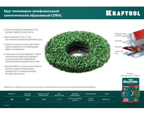 Диск полимерно-шлифовальный синтетический коралловый, 125 х 22.2 мм KRAFTOOL 36599-125