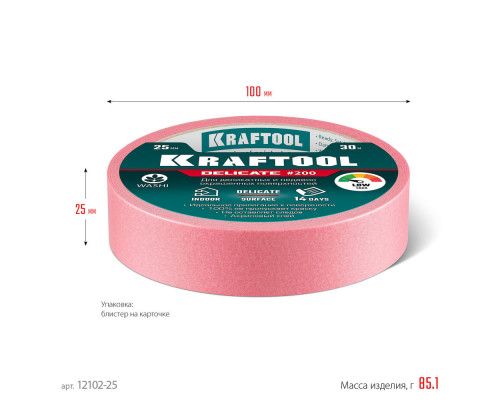Малярная лента #200 Delicate, 25 мм х 30 м, для деликатных и недавно окрашенных поверхностей KRAFTOOL 12102-25