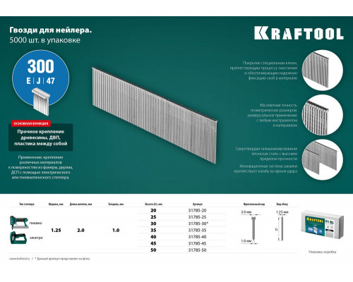 Гвозди тип 300 (47/J/F), 25 мм, калибр 18GA, 5000 шт KRAFTOOL 31785-25
