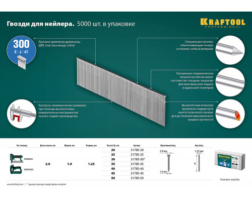 Гвозди тип 300 (47/J/F), 30 мм, калибр 18GA, 5000 шт KRAFTOOL 31785-30