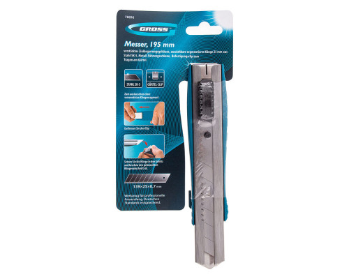 Нож, 195 мм, металлический корпус, выдвижное сегментное лезвие 25 мм (SK-5) металлическая направляющая, клипса для ремня Gross (78896)
