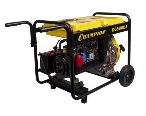 Генератор диз. CHAMPION DG6501E-3 (400В 6,2/6,8кВА 8,9лс 12,5л 12V 103кг,эл.стартер,колеса,счетчик) (DG6501E-3)