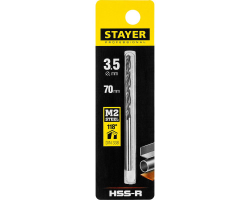 Сверло по металлу быстрорежущая сталь P6M5 Professional HSS-R STAYER 3.5x70 мм 29602-3.5  