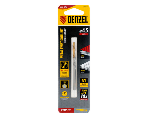 Сверло спиральное по металлу 4,5 x 80 мм, Р6М5, Golden Tip Denzel (718231)