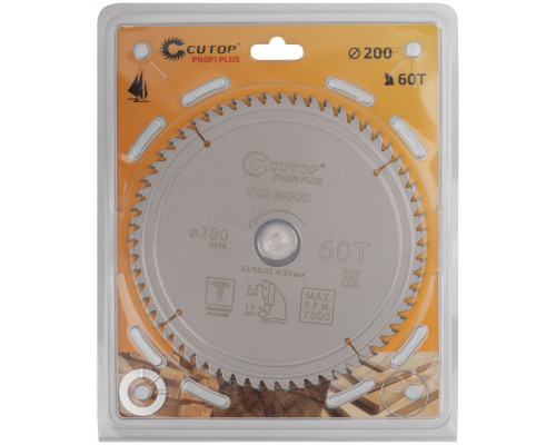 Диск пильный по дереву с тефлоновым покрытием 60Т, CUTOP Profi plus, 200 х 1,5/2,2 х 32/30/25,4/20 мм (75-20060Т)