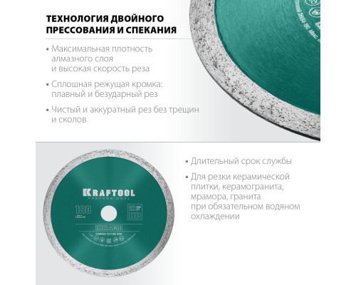 Сплошной алмазный диск KERAMO, 180 мм, (22.2 мм, 10 х 2.0 мм) KRAFTOOL 36684-180
