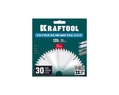 Диск пильный Ultra-Slim Metal Cut, 135 х 20 x 1.1 мм, 30Т, тонкий рез металла KRAFTOOL 36956-135-20-30