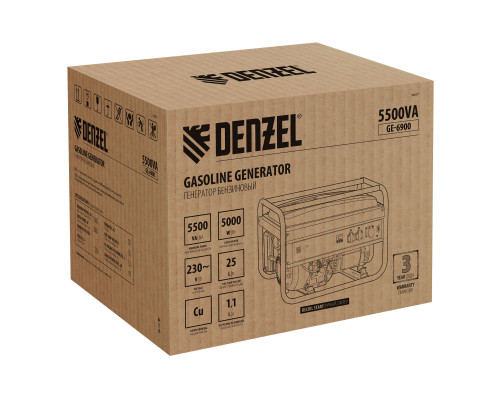 Генератор бензиновый GE 6900, 5.5 кВт, 220 В/50 Гц, 25 л, ручной старт Denzel (94637)