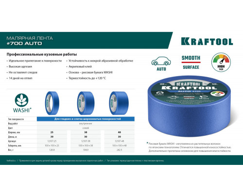 Малярная лента #700 Auto, 38 мм х 50 м, для авторемонтных работ KRAFTOOL 12107-38