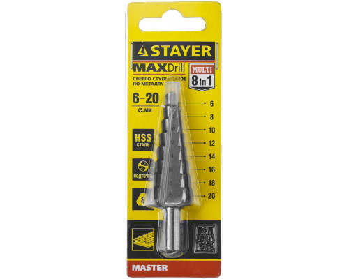 Сверло ступенчатое 6-20 мм, 8 ступеней, сталь HSS STAYER 29660-6-20-8