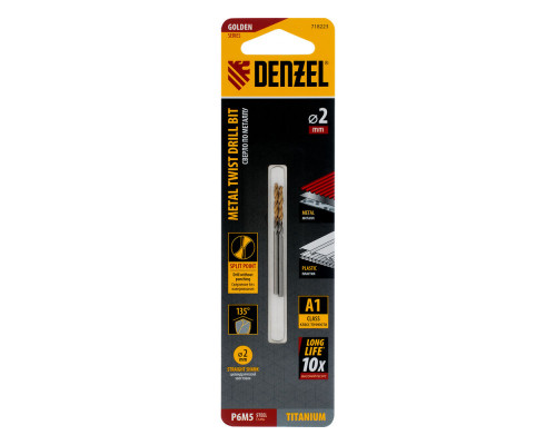 Сверло спиральное по металлу 2 x 49 мм, Р6М5, Golden Tip , 2шт. Denzel (718223)