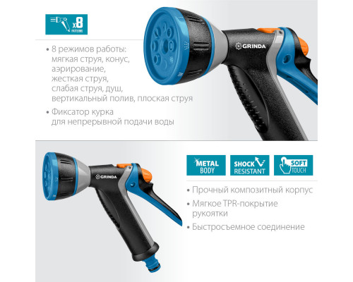 Поливочный пистолет BM-8, 8 режимов, курок сзади, металлический с TPR, PROLine GRINDA 8-427339_z02
