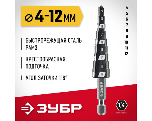 ЗУБР 4-12мм, 9 ступеней, сверло ступенчатое (29665-4-12-9_z01)