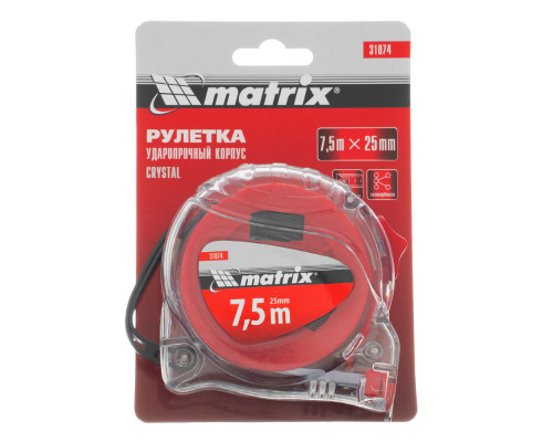 Рулетка Crystal,7,5 м х 25 мм,корпус из поликарбоната Matrix