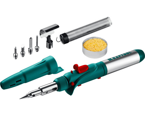 Газовый паяльник SolderGas, 120 K, 30–120 Вт, 1300°С, горелка, фен, пьезоподжиг, набор 10 в 1 KRAFTOOL 55503-H10
