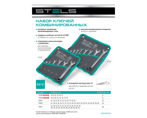 Набор ключей комбинированных 6-19 мм, 8 шт., CrV, матовый хром Stels (15443)