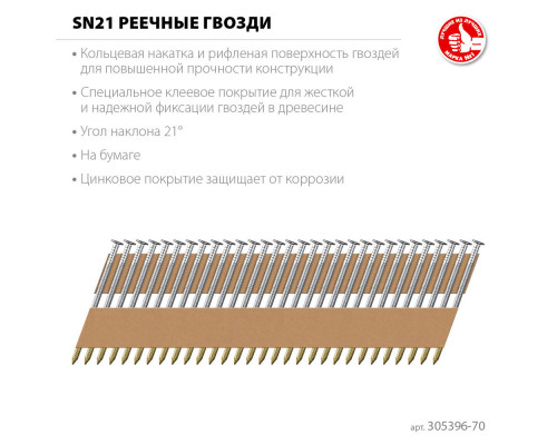 Гвозди реечные рифленые оцинкованные SN21 70 x 3.1 мм, 2400 шт ЗУБР 305396-70