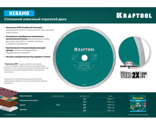 Сплошной алмазный диск KERAMO, 115 мм, (22.2 мм, 10 х 1.6 мм) KRAFTOOL 36684-115