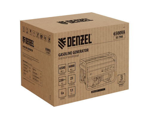 Генератор бензиновый GE 7900, 6.5 кВт, 220 В/50 Гц, 25 л, ручной пуск Denzel (94638)