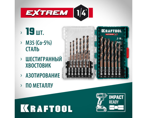 KRAFTOOL НЕХ-1/4?, 19 шт, набор сверл по металлу для винтовёртов и шуруповертов IMPACT READY (29652-H19)