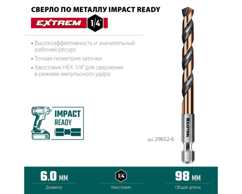 Сверло по металлу для винтовёртов и шуруповертов IMPACT READY НЕХ-1/4