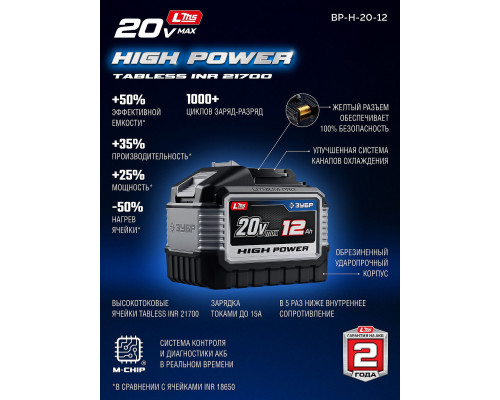 ЗУБР High Power, 20 В, 12.0 А·ч, аккумулятор LMS, ПРОФЕССИОНАЛ (BP-H-20-12)