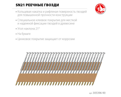 Гвозди реечные рифленые оцинкованные SN21 90 x 3.1 мм, 2010 шт ЗУБР 305396-90