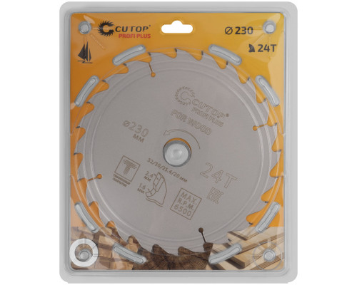 Диск пильный по дереву с тефлоновым покрытием 24Т, CUTOP Profi plus, 230 х 1,6/2,4 х 32/30/25,4/20 мм (75-23024Т)
