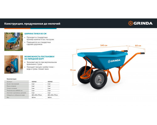 GRINDA GP-21, ударопрочный пластиковый кузов, 110 л, 180 кг, одноколесная, пневматическое колесо, тачка садовая PROLine (422408)