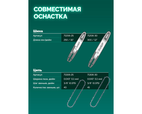 ЗУБР 40 В, (2x20В), 300 мм шина, без АКБ (LMS), пила цепная аккумуляторная (ПЦБ-4030)