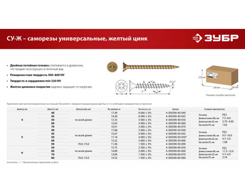 Саморез универсальный 50 x 5.0 мм, жёлтый цинк, 17.18 кг СУ-Ж ЗУБР 4-300390-50-050_z01