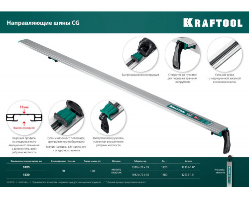 Направляющая шина CG-150, 1530 мм, зажимная KRAFTOOL 32235-1.5