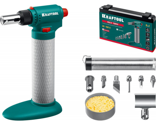 Газовый паяльник Multi torch, 30–150 Вт, 1300°С, набор 8 в 1: горелка, фен, пьезоподжиг KRAFTOOL 55506-H8